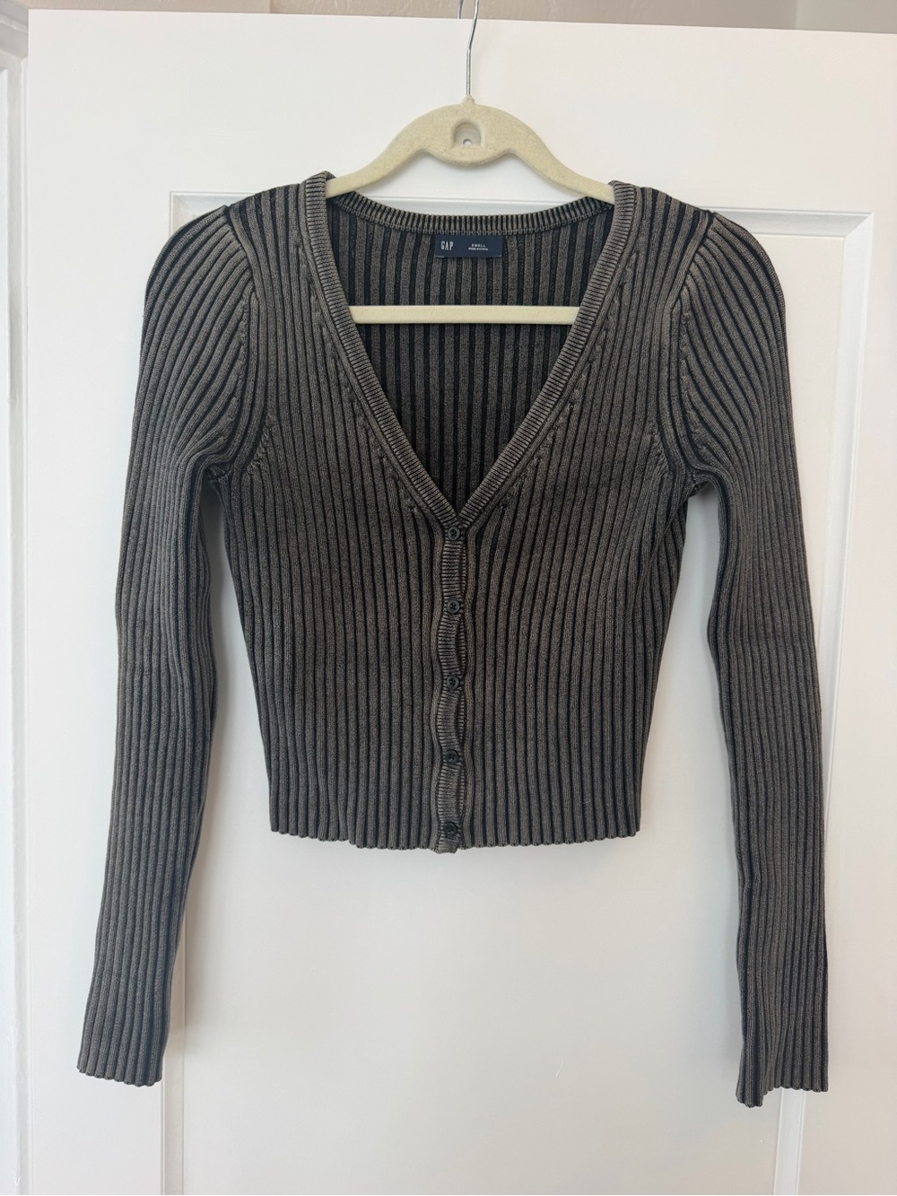 GAP Slim Ribbed V-Neck Button Cardigan - Charcoal